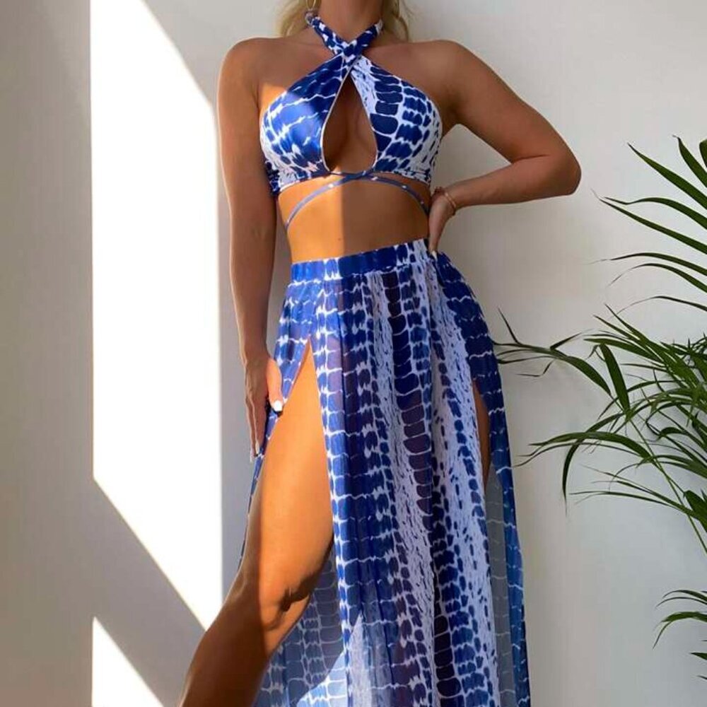 New 3 Piece Criss Cross Tie Dye Bikini Set with Maxi Skirt Cover-Up - Picture 1 of 5